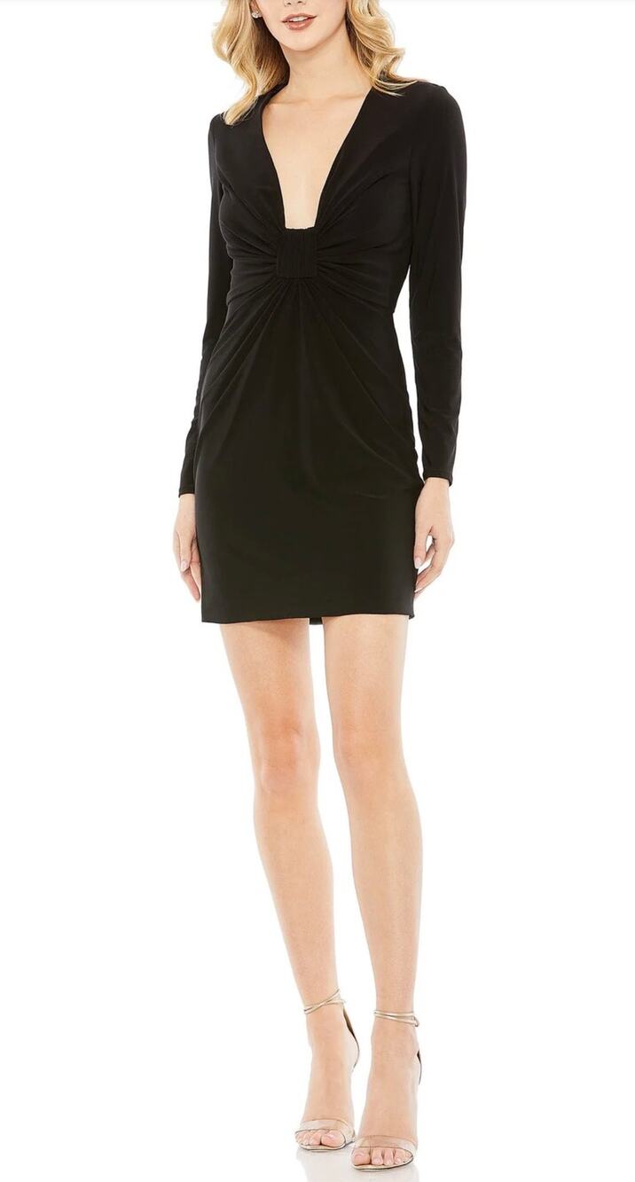 Mac Duggal 27041 Black Cocktail Long Sleeve Deep V-Neck Mini Sheath Dress Size 2